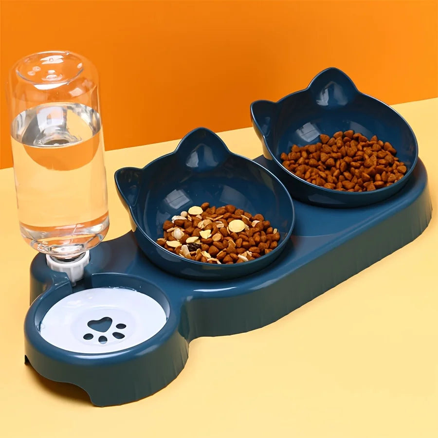 “3-in-1 Pet Bowl Set – Tilted Cat Food & Water Feeder with Gravity Bottle”