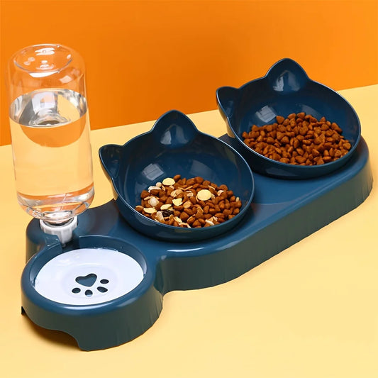 “3-in-1 Pet Bowl Set – Tilted Cat Food & Water Feeder with Gravity Bottle”