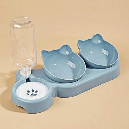 “3-in-1 Pet Bowl Set – Tilted Cat Food & Water Feeder with Gravity Bottle”