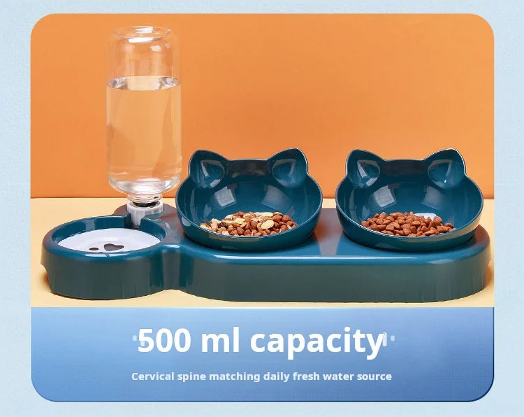 “3-in-1 Pet Bowl Set – Tilted Cat Food & Water Feeder with Gravity Bottle”