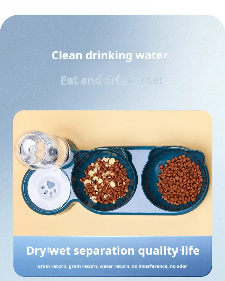 “3-in-1 Pet Bowl Set – Tilted Cat Food & Water Feeder with Gravity Bottle”
