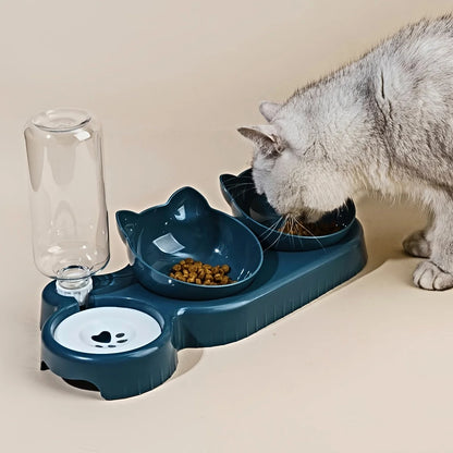 “3-in-1 Pet Bowl Set – Tilted Cat Food & Water Feeder with Gravity Bottle”