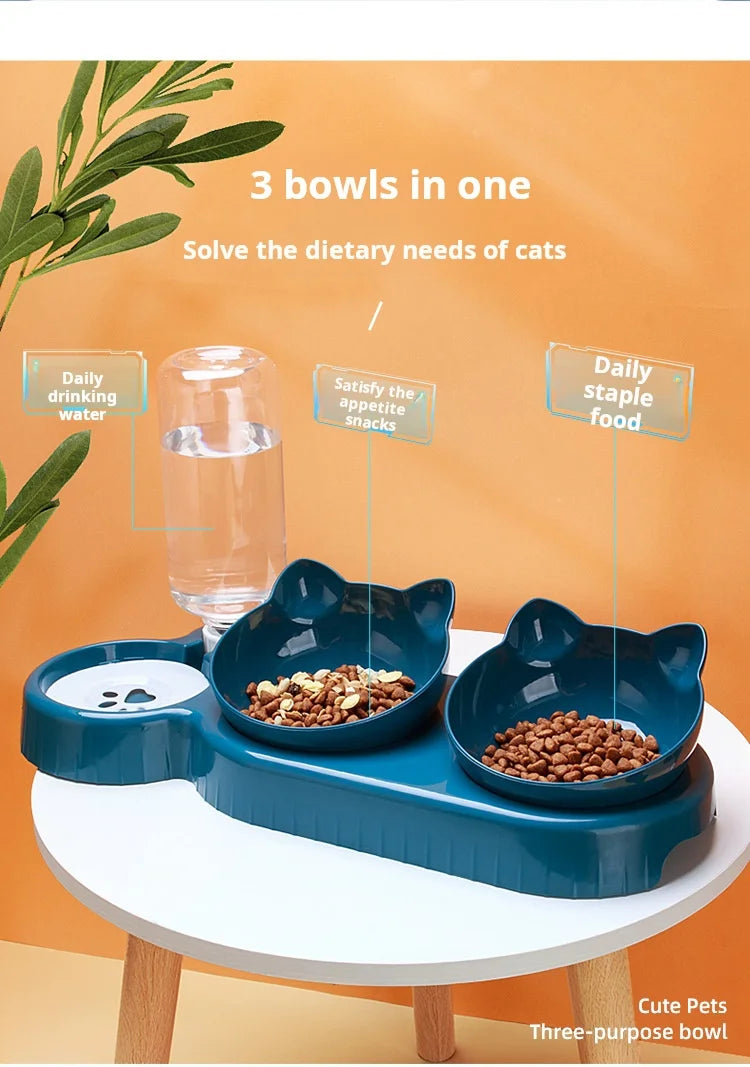 “3-in-1 Pet Bowl Set – Tilted Cat Food & Water Feeder with Gravity Bottle”