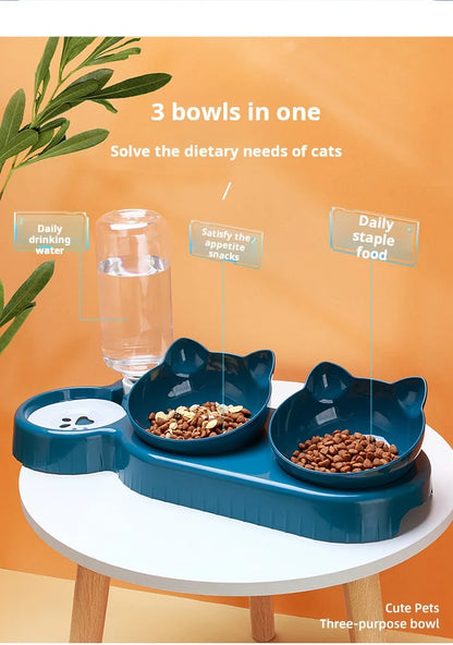 “3-in-1 Pet Bowl Set – Tilted Cat Food & Water Feeder with Gravity Bottle”