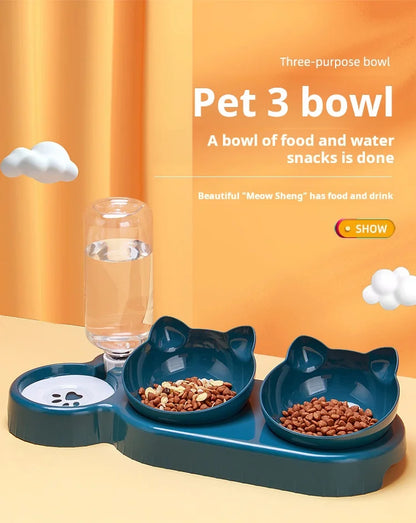 “3-in-1 Pet Bowl Set – Tilted Cat Food & Water Feeder with Gravity Bottle”